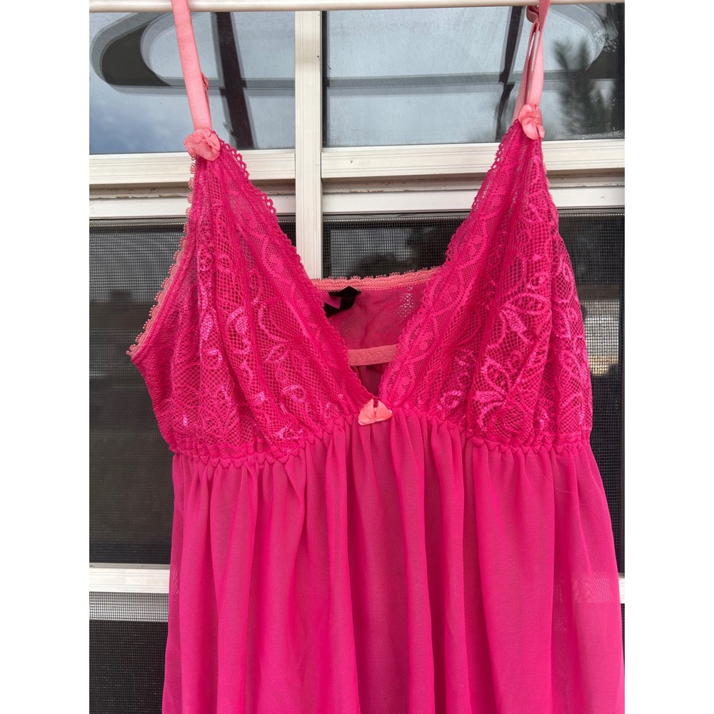 Petit Noir Hot Pink Lace Mesh Babydoll Chemise Lingerie Nightie Bow Coquette S - Picture 13 of 13